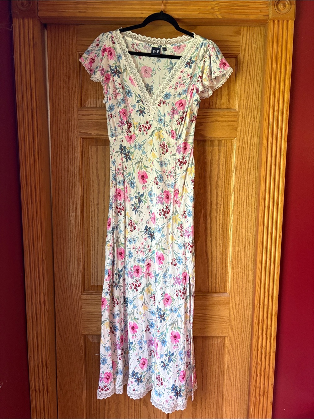 GAP Cream Maxi Dress with Pink Floral Print and Blue Accents